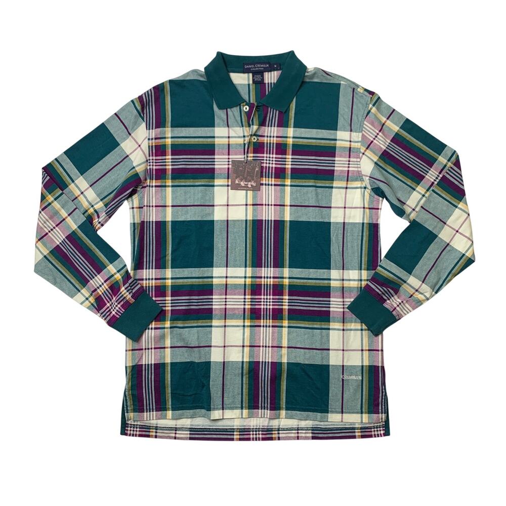 Daniel Cremieux Polo Shirt Men M Medium Spruce Cotton Scottish Plaid Long Sleeve